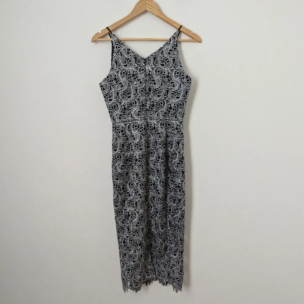 NWT Dress The Population silver Black illusion lace floral Aurora midi dress